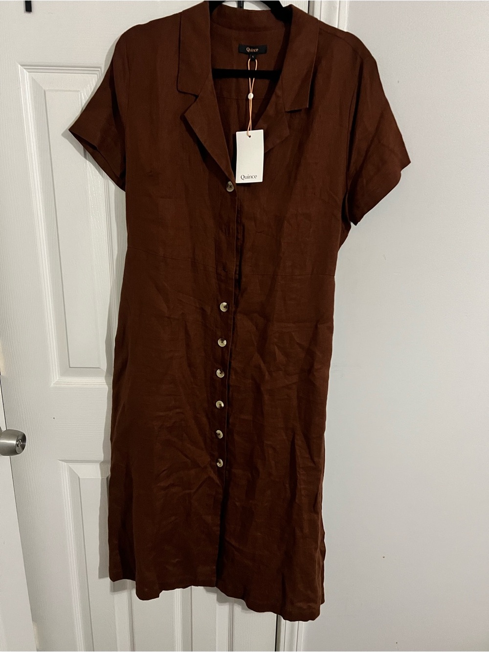 Quince Brown Button-Front Midi Shirt Dress with Tie Waist 100% European Linen - Picture 3 of 3